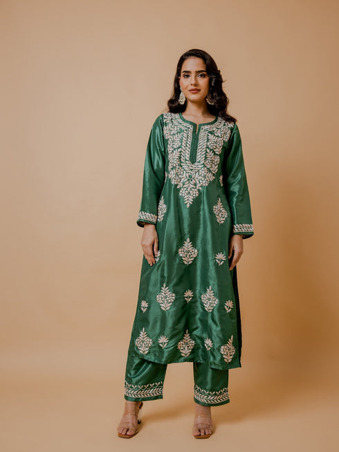Urmi in Silk Chikankari Kurta Set for Women - Mehndi Green